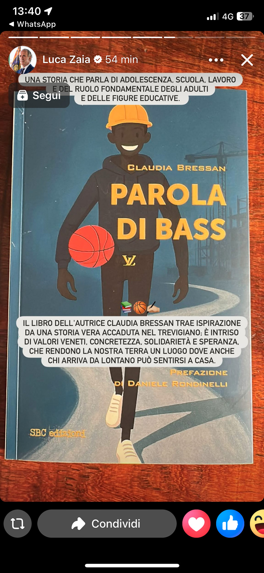 Storia Facebook di Luca Zaia che cita il libro Parola di Bass